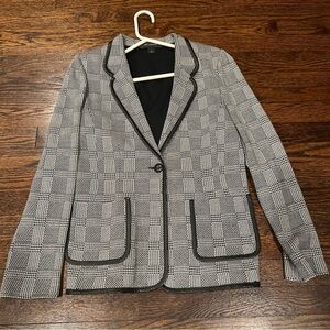 St John Knits Santana Houndstooth Plaid Suit Jacket Blazer Leather 8